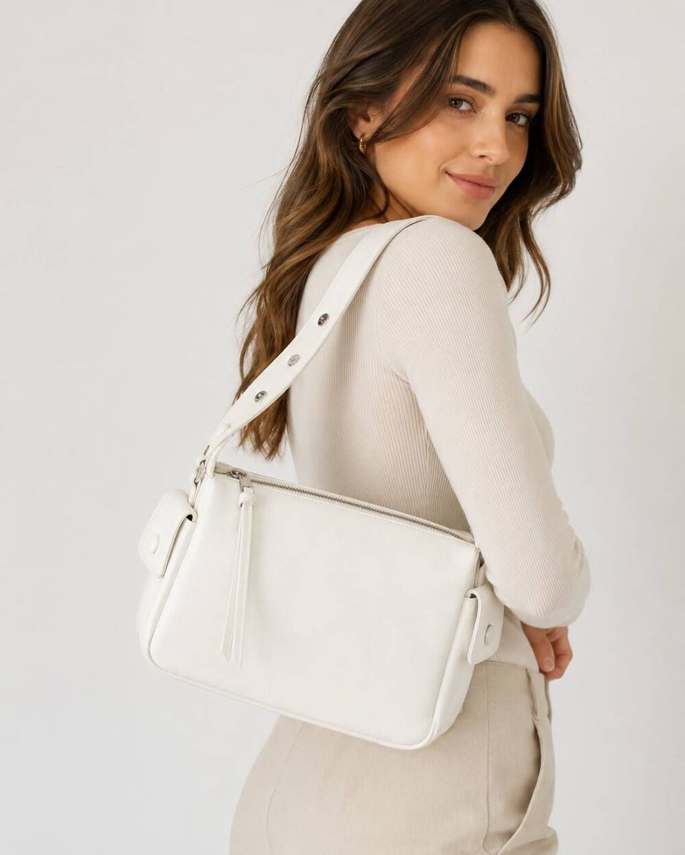 White Faux Leather Convertible Shoulder Bag Purse Adjustable Strap Crossbody NWT
